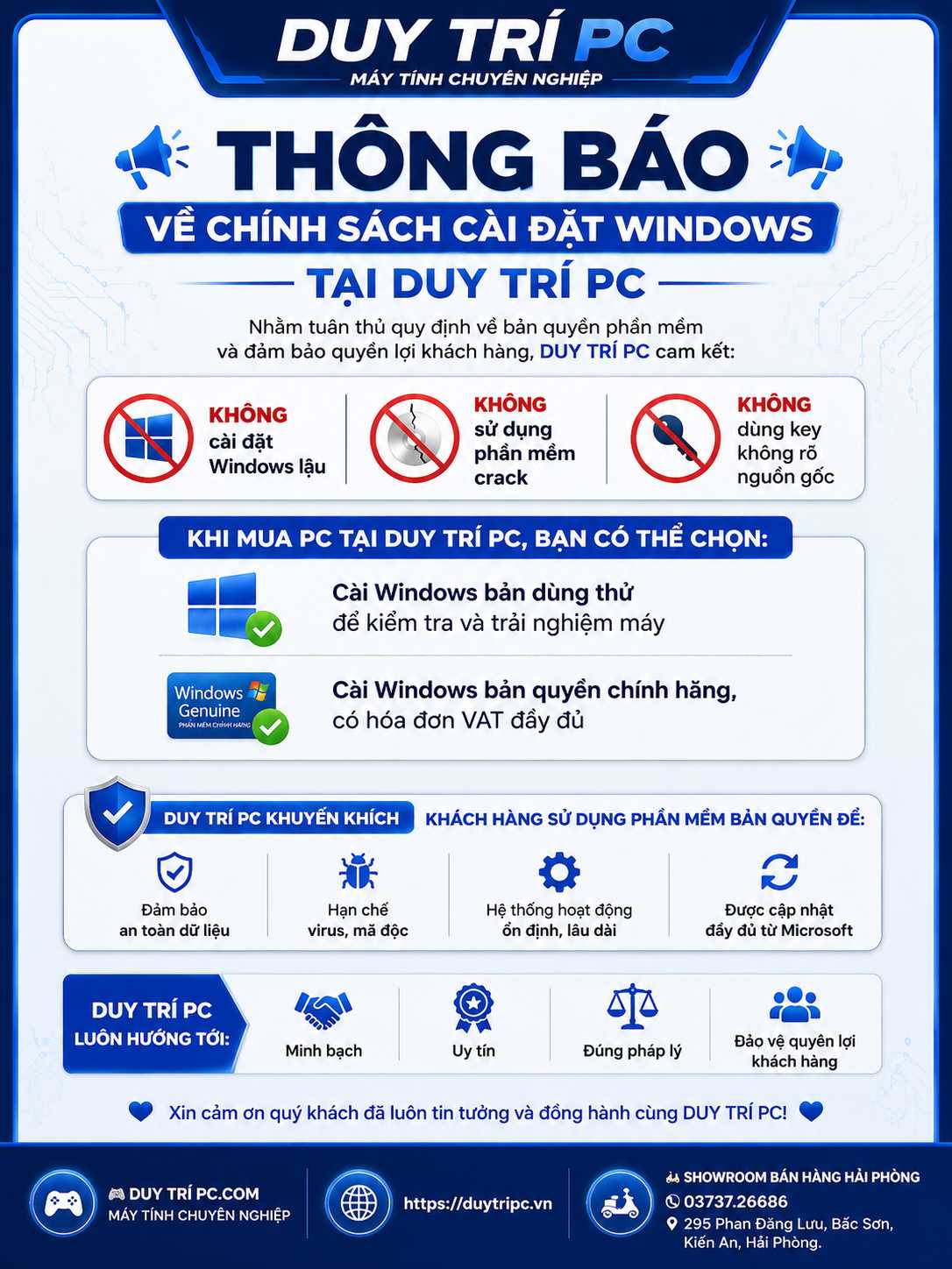 📢 THÔNG BÁO VỀ CHÍNH SÁCH CÀI ĐẶT WINDOWS TẠI DUY TRÍ PC